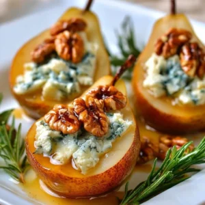 Elegant blue cheese stuffed pears on a platter, perfect appetizer for gatherings.
