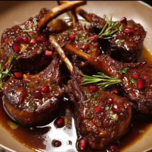 Fancy pomegranate lamb chops garnished with fresh herbs on a plate