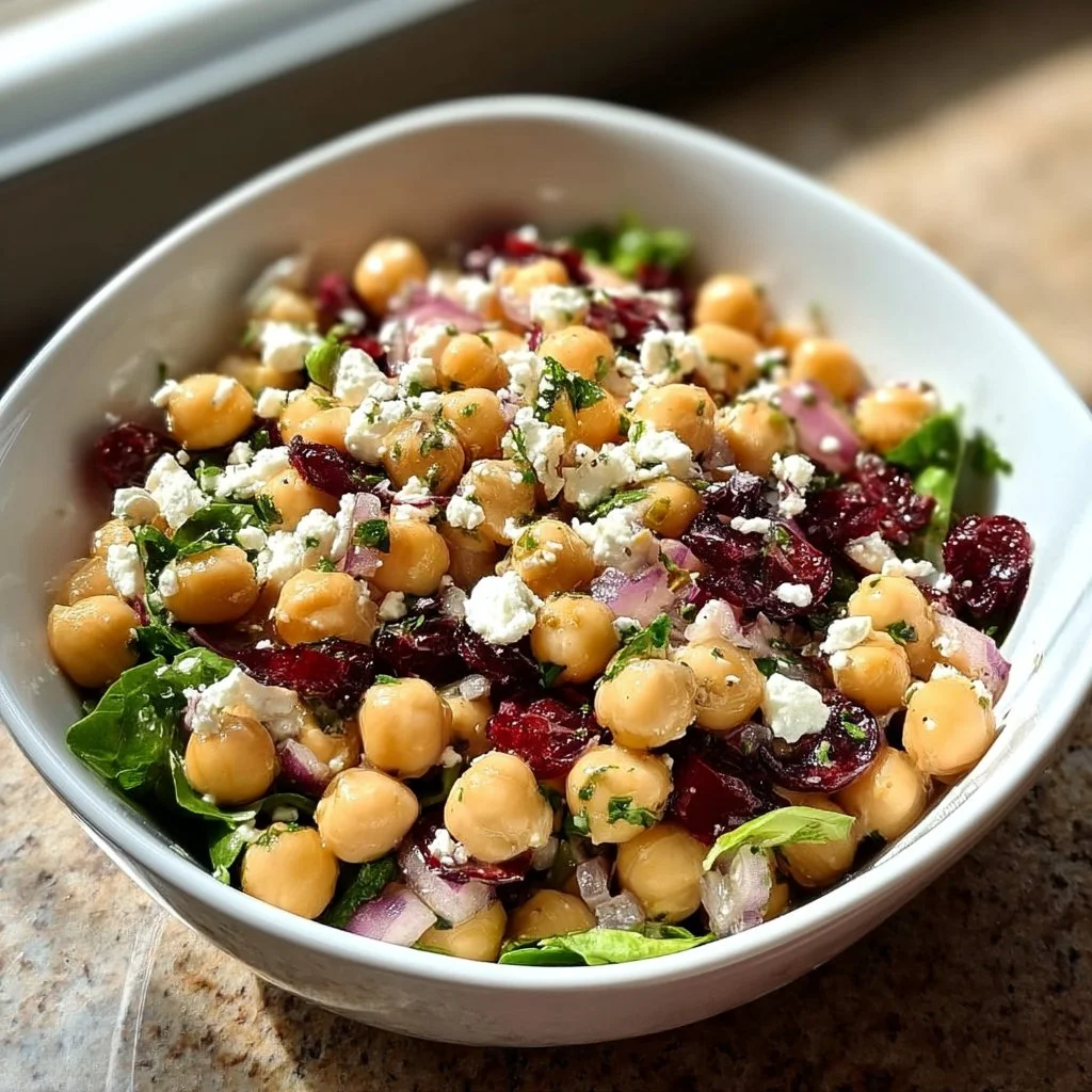 Feta and cranberry chickpea salad topped with lemon vinaigrette dressing.