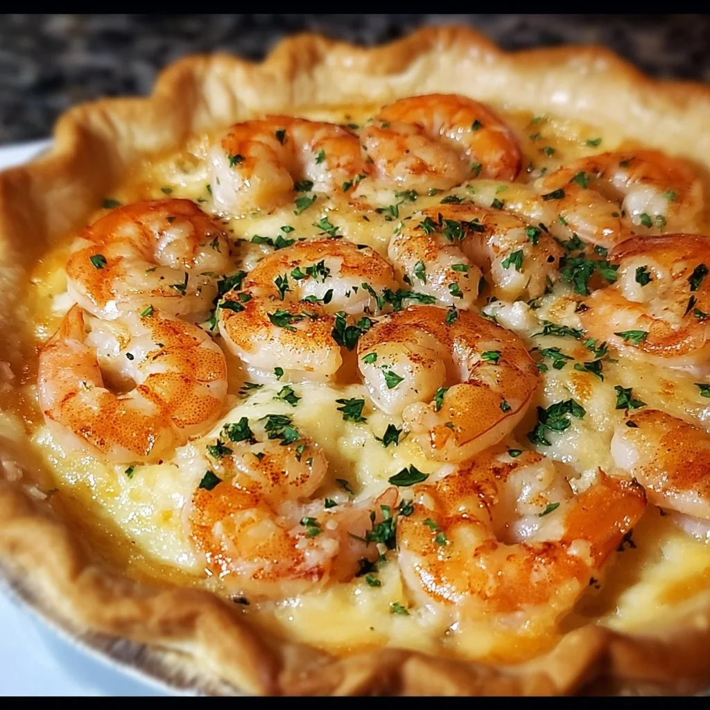A delicious slice of Florida Shrimp Pie with shrimp and savory filling.