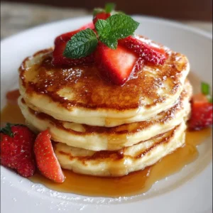 Stack of fluffy buttermilk pancakes on a plate with syrup and berries