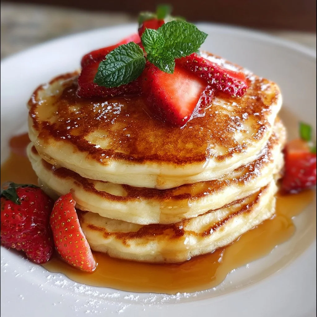 Stack of fluffy buttermilk pancakes on a plate with syrup and berries
