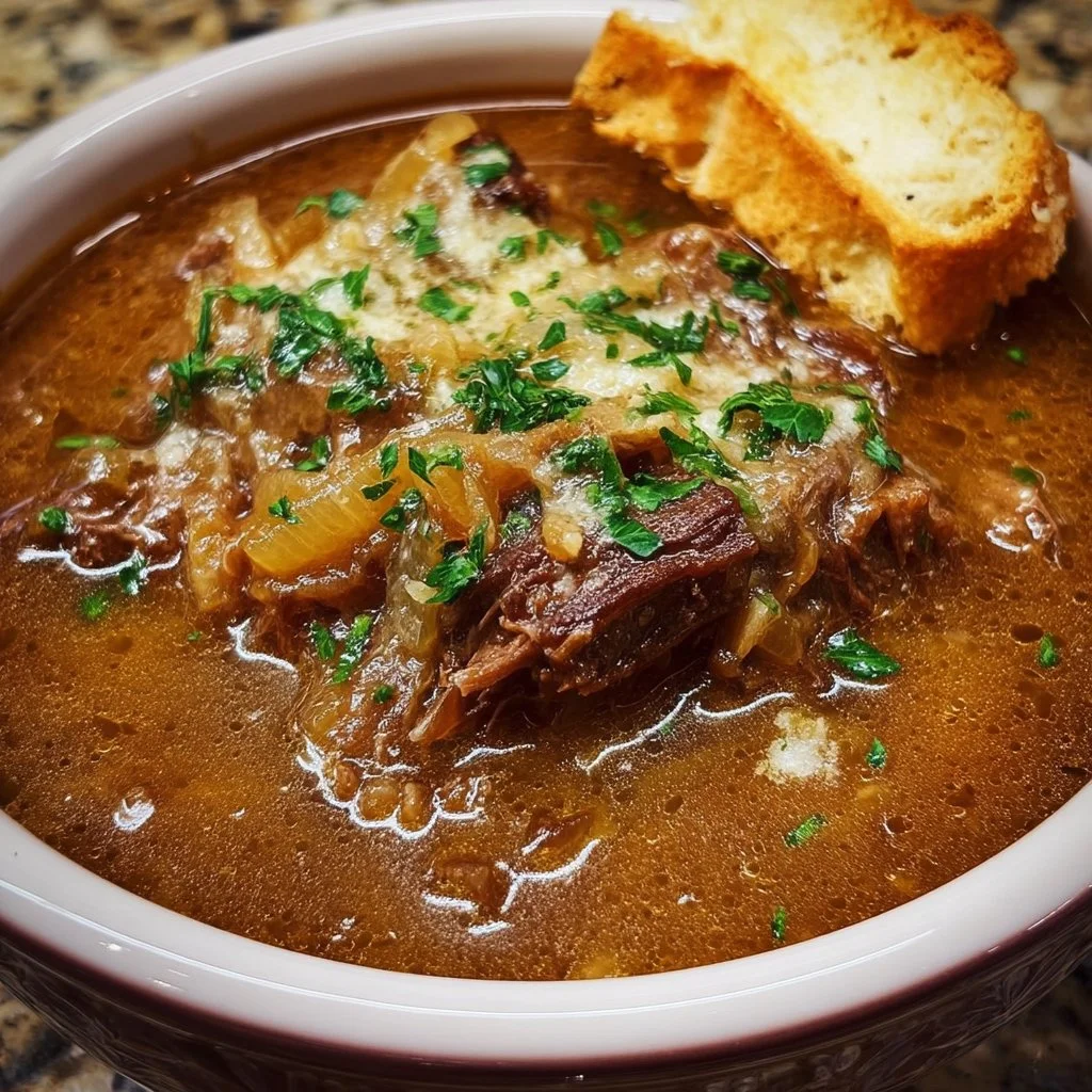 Bowl of French Onion Beef Short Rib Soup topped with melted cheese and herbs