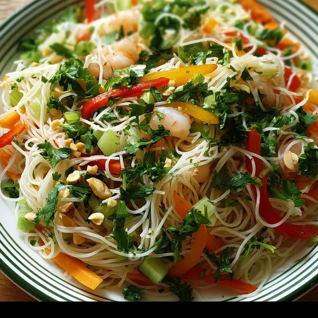 Fresh Vietnamese noodle salad topped with herbs and colorful vegetables