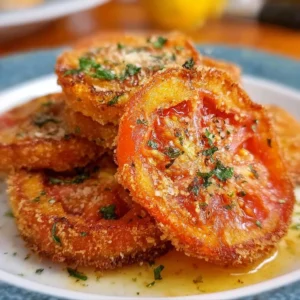 Crispy fried red tomatoes served on a plate with herbs