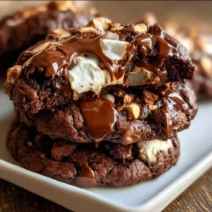 Fudgy Rocky Road Cookies with chocolate, marshmallows, and nuts.
