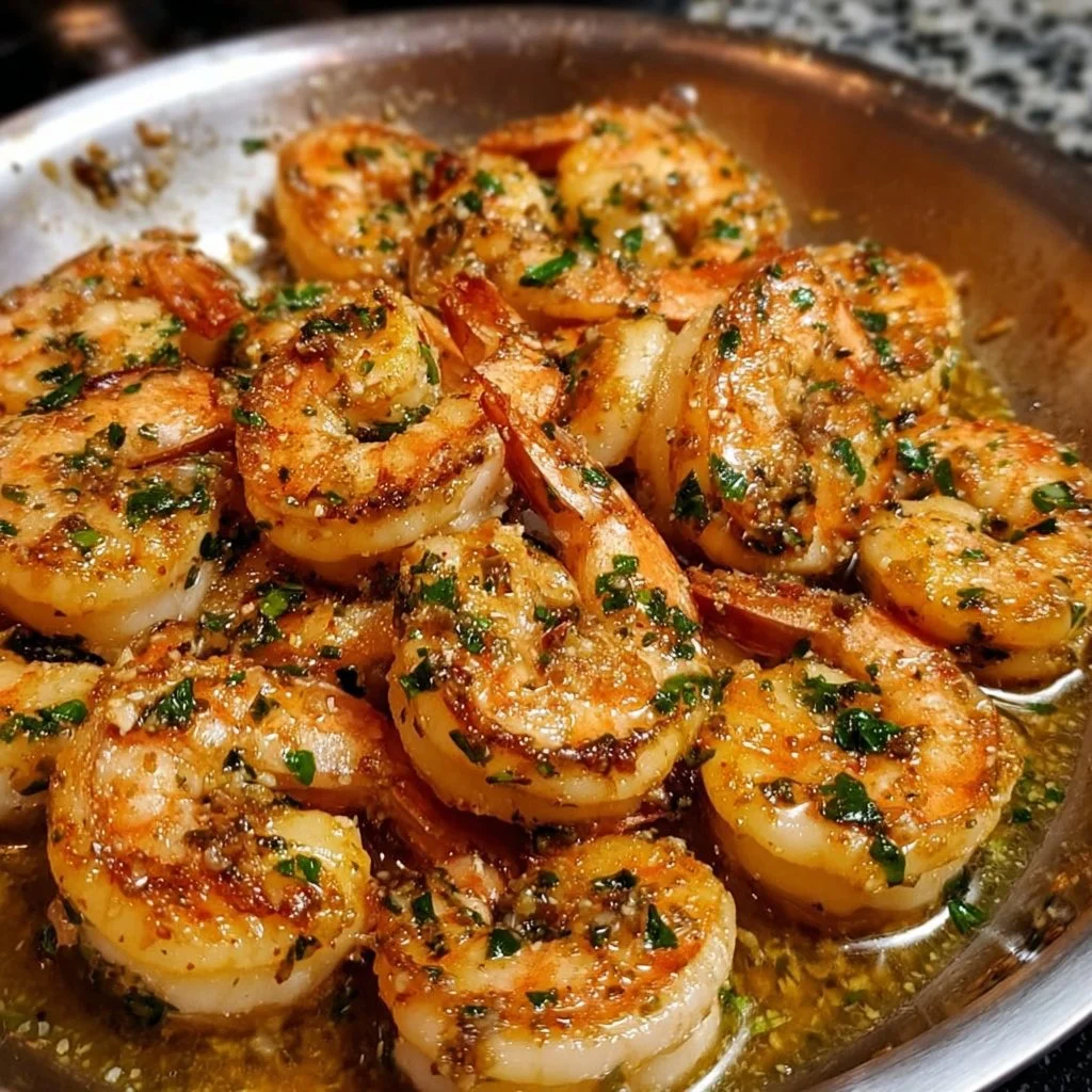 Delicious garlic butter shrimp garnished with herbs on a white plate