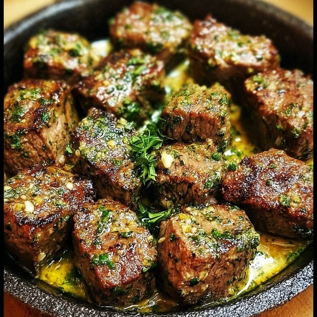 Garlic butter steak bites served sizzling in a skillet