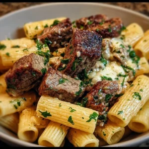 Delicious garlic butter steak tips served alongside cheesy rigatoni dish