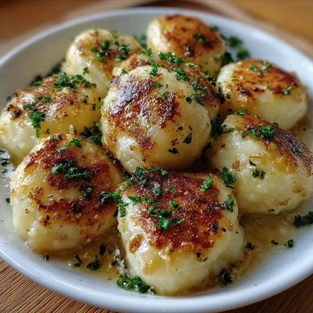 Serving of German Potato Dumplings topped with herbs.