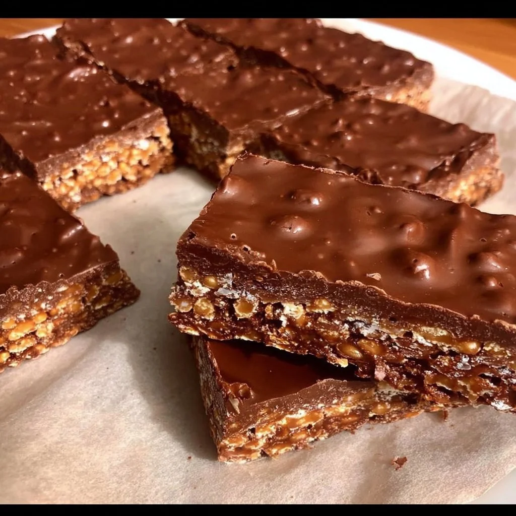 Gluten-free chocolate crispy bars topped with chocolate and crunchy rice.