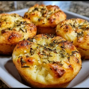 Golden crust garlic rosemary focaccia muffins on a wooden cutting board