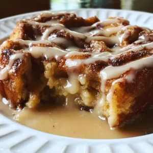 Gooey cinnamon roll casserole topped with syrup and berries