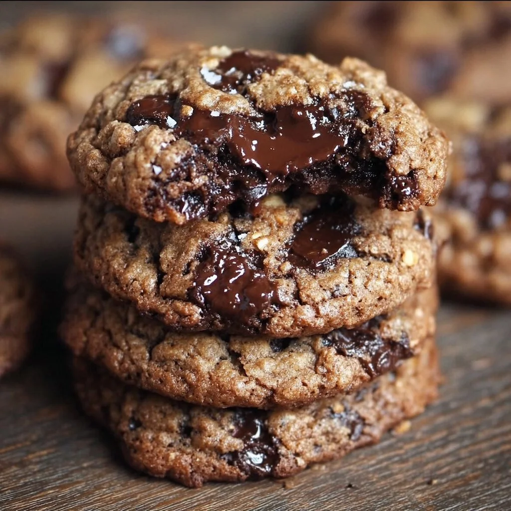 Gooey oatmeal dark chocolate cookies on a rustic wooden table