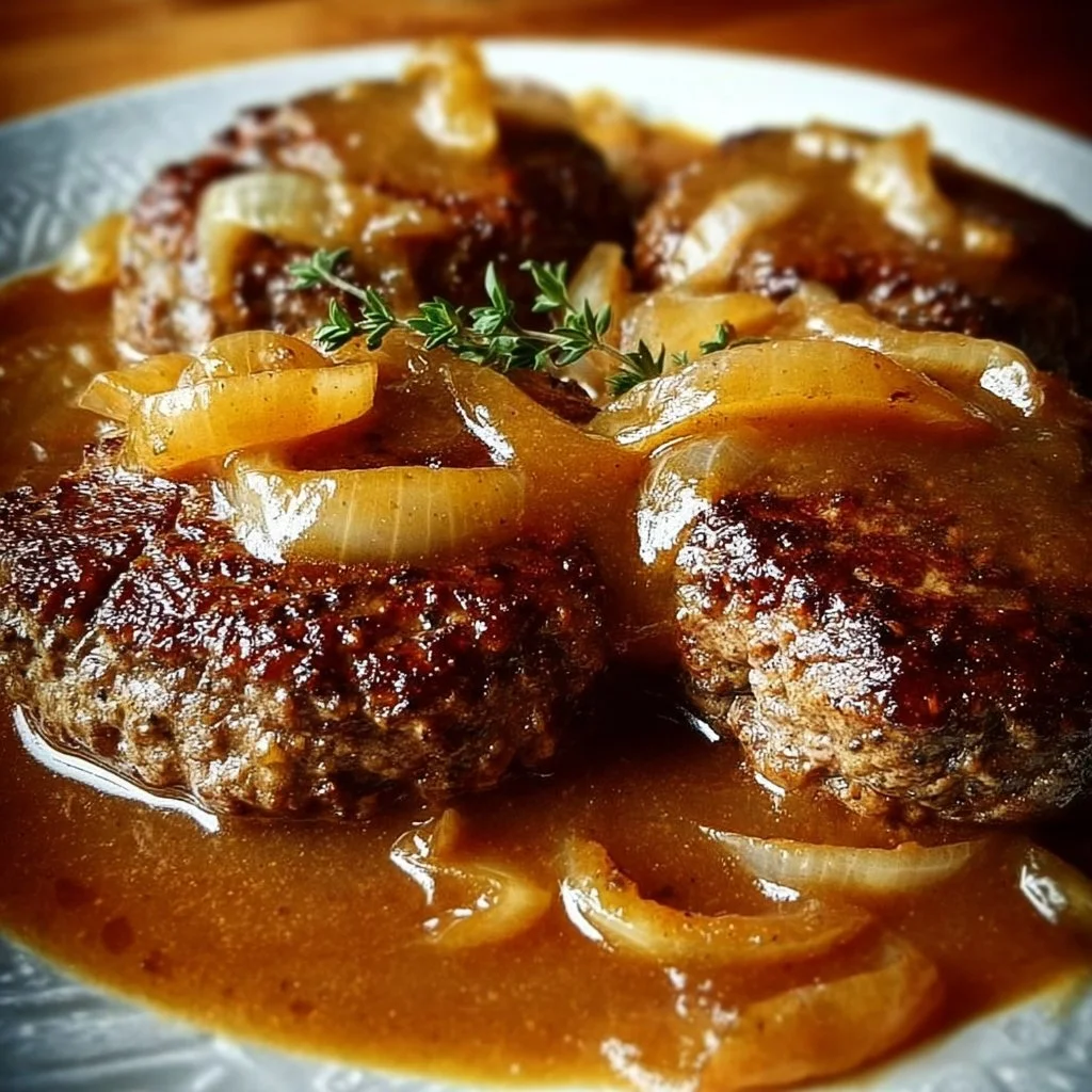 Delicious hamburger steaks served with savory onion gravy