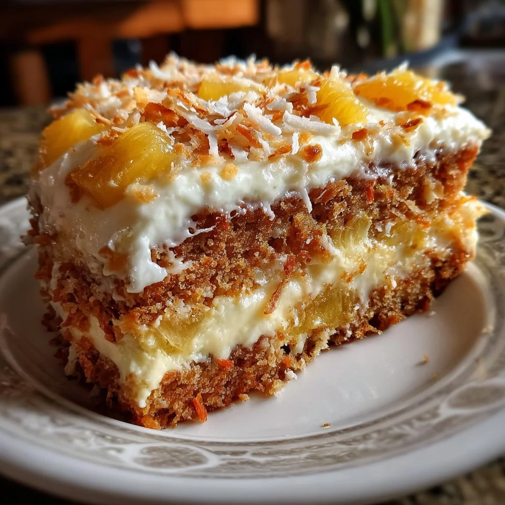 Hawaiian Carrot Pineapple Cake topped with cream cheese frosting and pineapple chunks