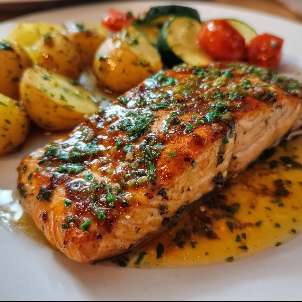 Plate of Healthy Mediterranean Salmon with vegetables and herbs