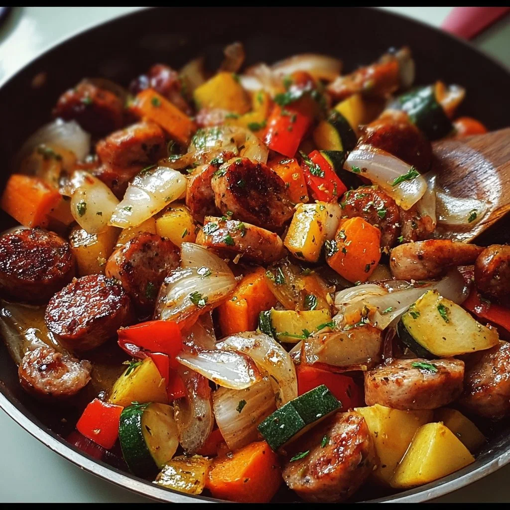 Healthy sausage veggie skillet meal with colorful vegetables and sausages