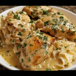 Heavenly slow cooker chicken dish served on a plate with fresh herbs.