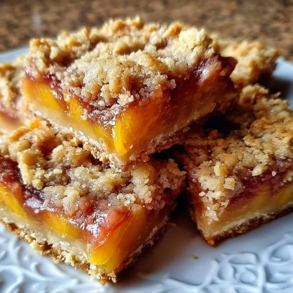 Delicious homemade summer peach bars with a golden crust and fresh peach filling