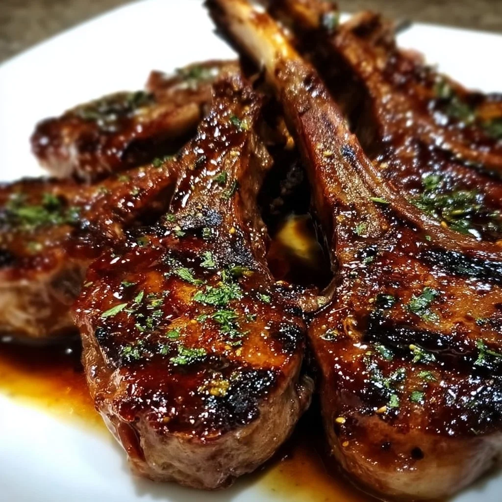 Honey garlic glazed lamb chops served with a side dish on a rustic wooden table.