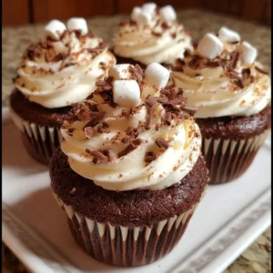 Delicious hot chocolate cupcakes topped with whipped cream and chocolate shavings.