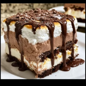 Delicious hot chocolate lasagna dessert with chocolate layers and toppings.