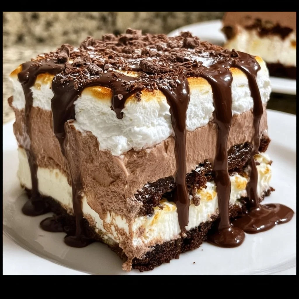 Delicious hot chocolate lasagna dessert with chocolate layers and toppings.