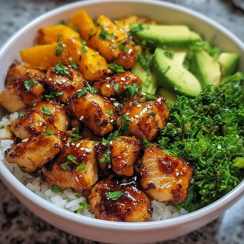 Hot Honey Chicken Bowl with vegetables and rice for a tasty meal