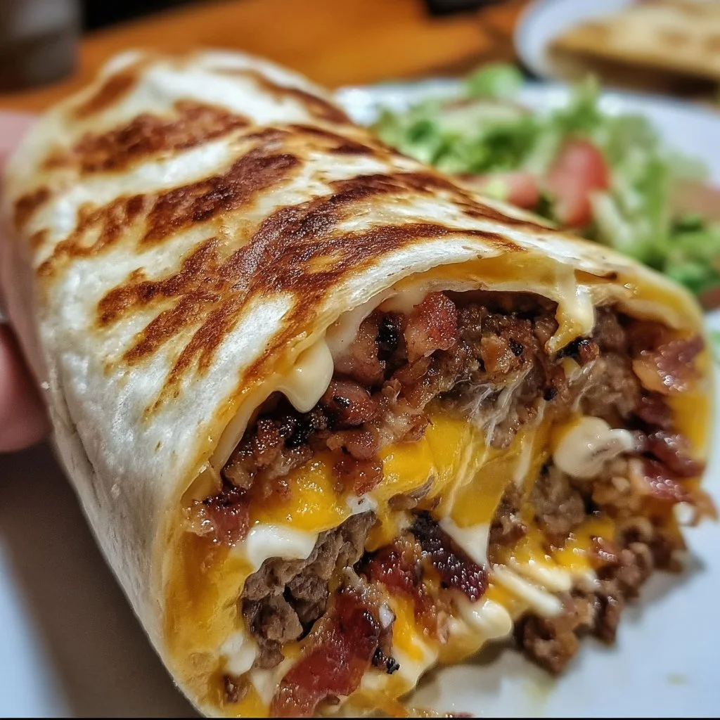 HUGE BACON CHEESEBURGER BURRITO with crispy bacon and melted cheese