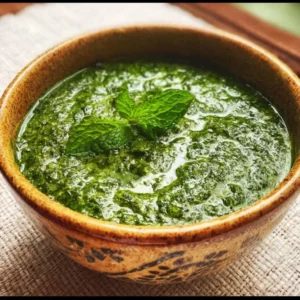 Bowl of Indian Mint Cilantro Chutney with fresh mint and cilantro garnish