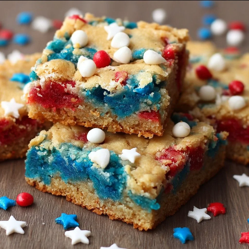 Delicious 4th of July cake-mix cookie bars with festive toppings