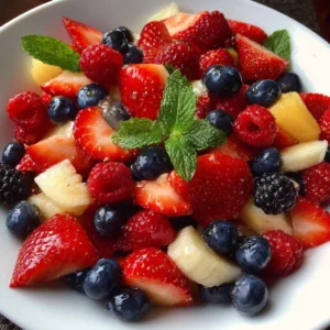 Colorful 4th of July fruit salad with berries, melons, and star-shaped fruits.