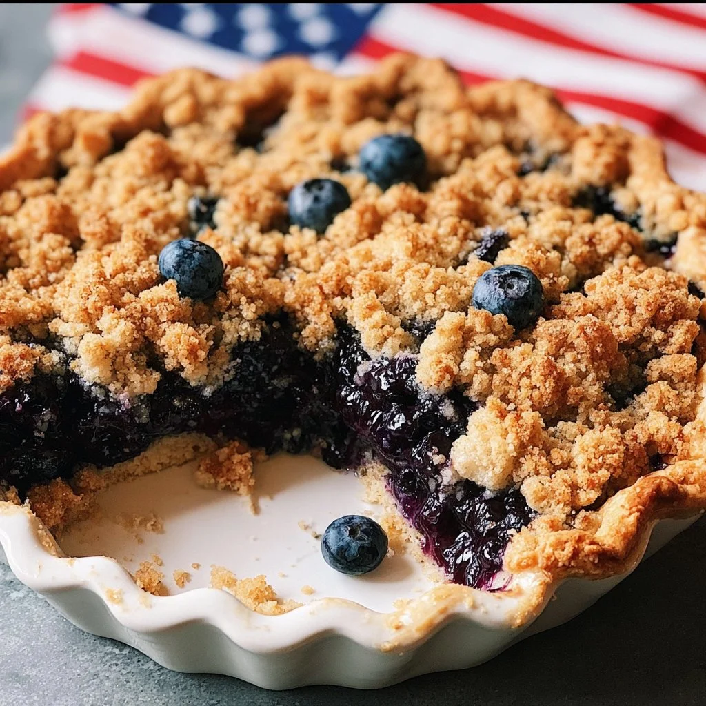 Delicious blueberry crumble pie with golden topping and fresh blueberries