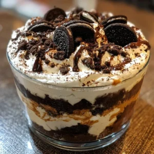 Chocolate Oreo Cheesecake Brownie Trifle dessert with layers of cheesecake and Oreo cookies