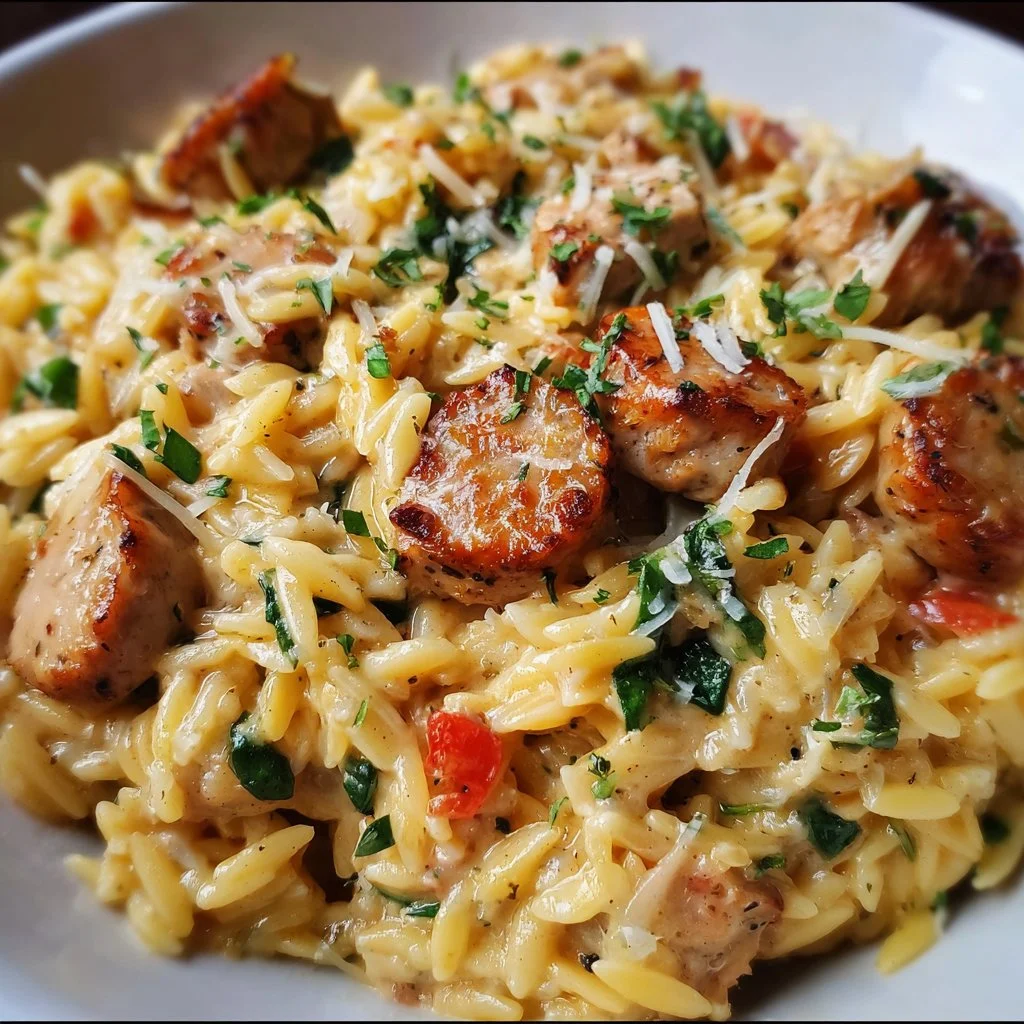 Creamy chicken sausage orzo skillet dish garnished with herbs.