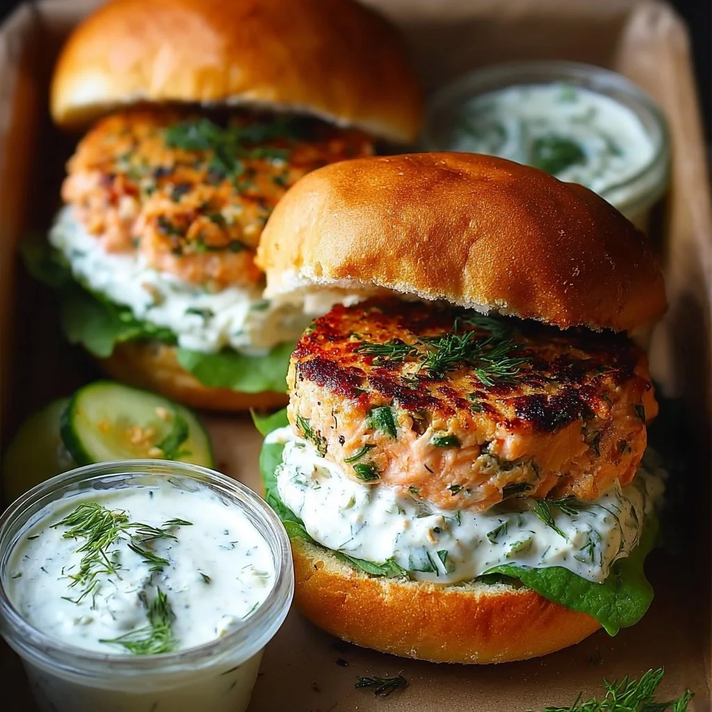 Fresh salmon burgers topped with tzatziki dressing, served on a plate