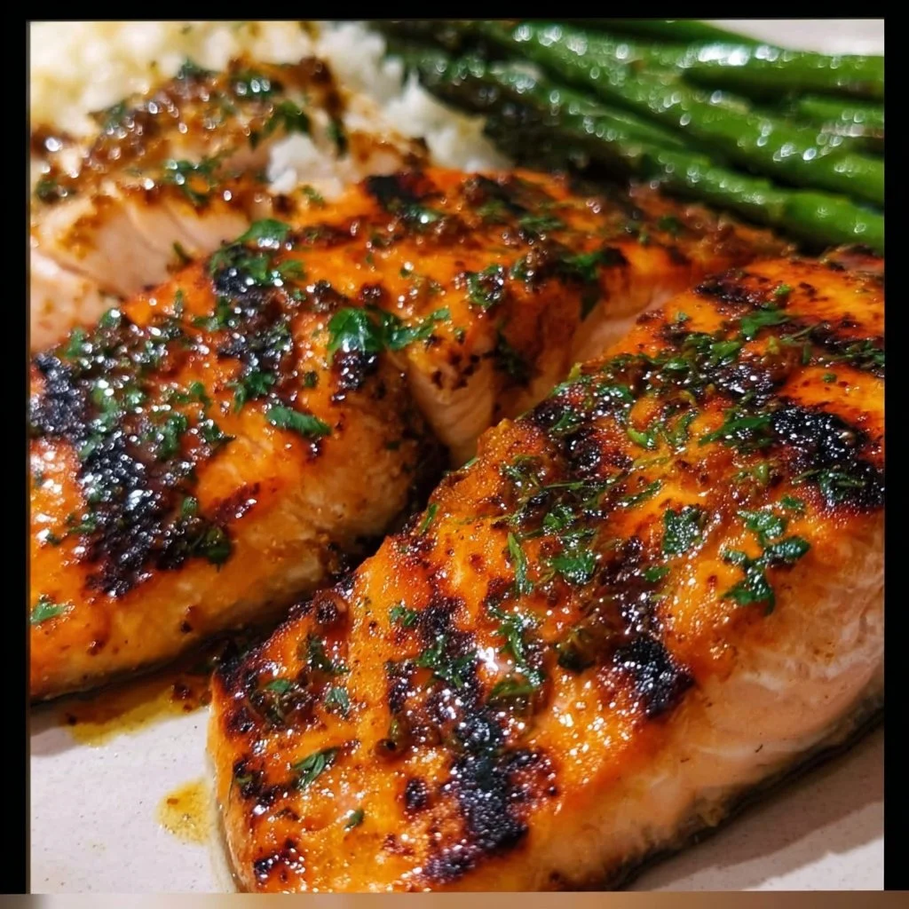 Delicious grilled salmon seasoned to perfection on a barbecue grill.