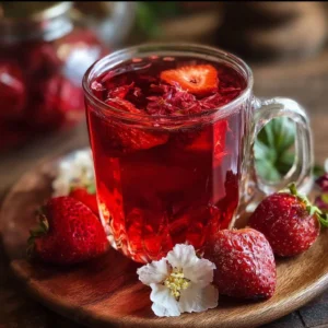A refreshing cup of hibiscus tea with strawberries garnished for a delightful drink.