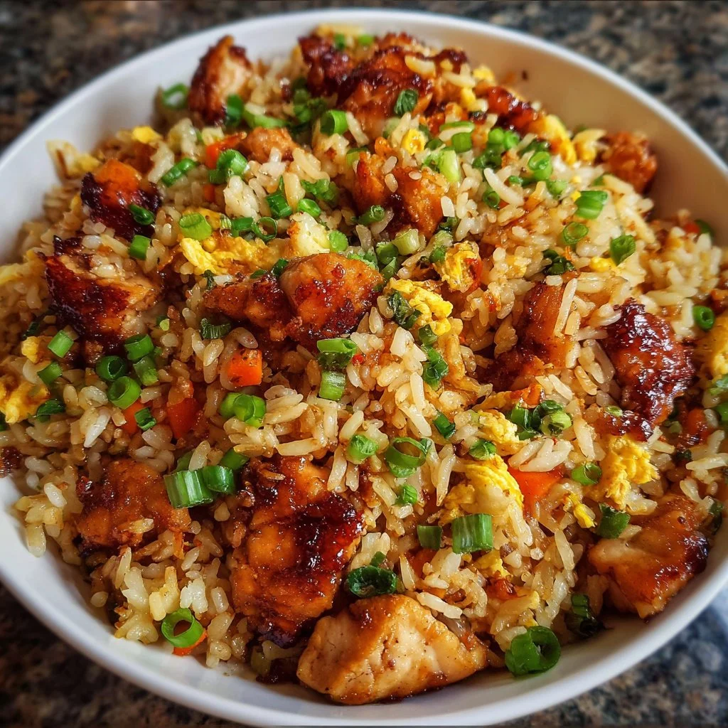 Delicious Japanese BBQ Chicken Fried Rice served in a bowl