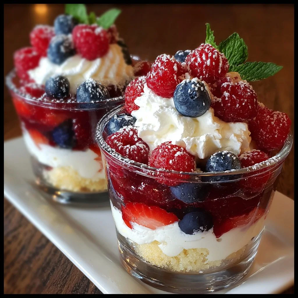 Irresistible mixed berry mini trifles with whipped cream and fresh fruit