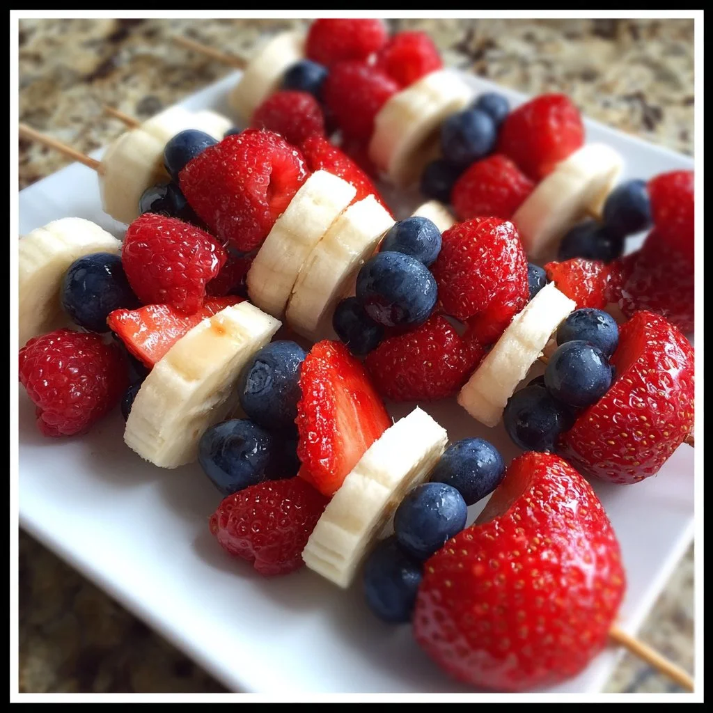 Red, white, and blue fruit kabobs featuring strawberries, blueberries, and bananas.
