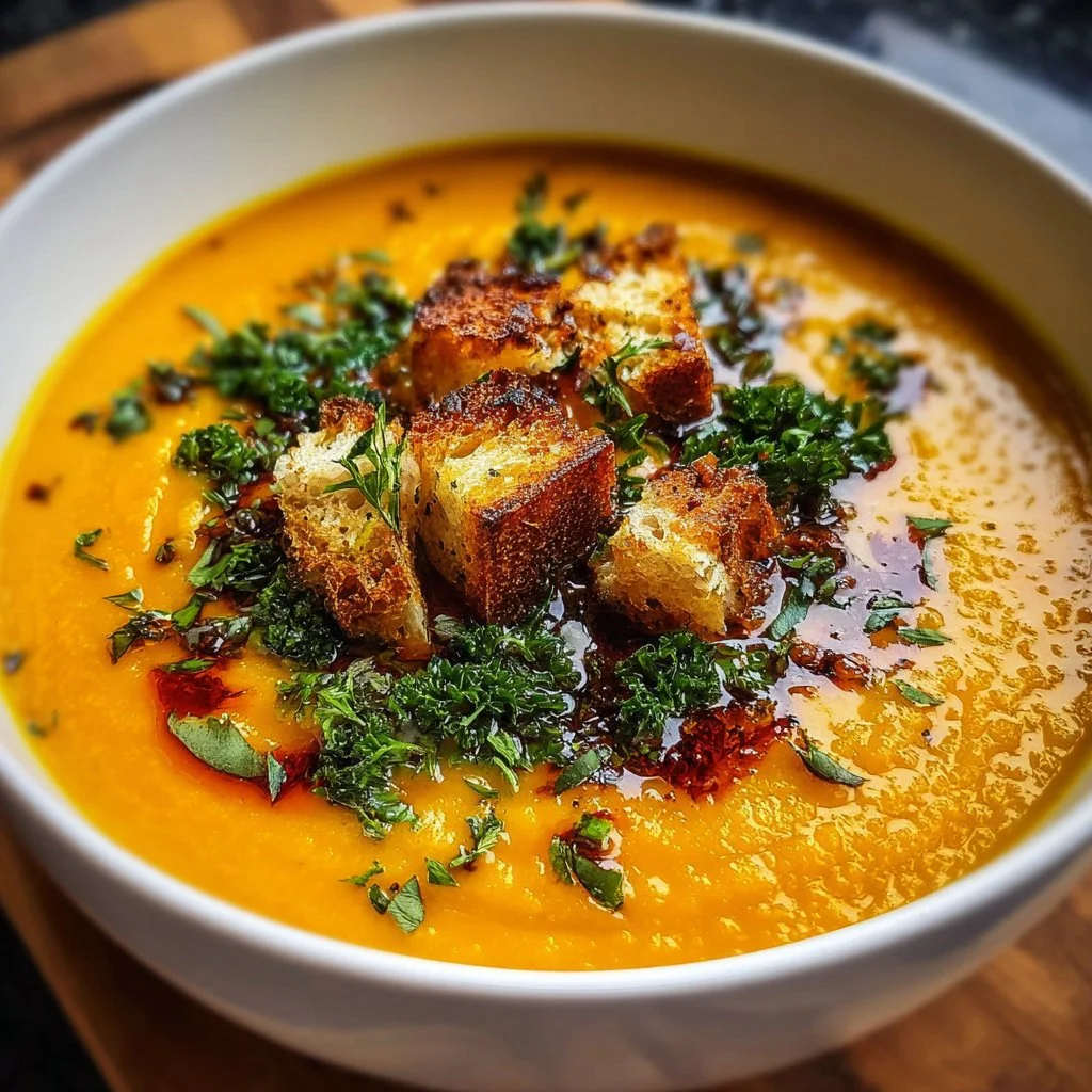 Bowl of delicious roasted veggie soup filled with colorful vegetables