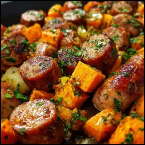 Sheet pan sausage with sweet potatoes drizzled in honey garlic sauce