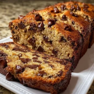 Super moist chocolate chip banana bread with melted chocolate chips and ripe bananas.
