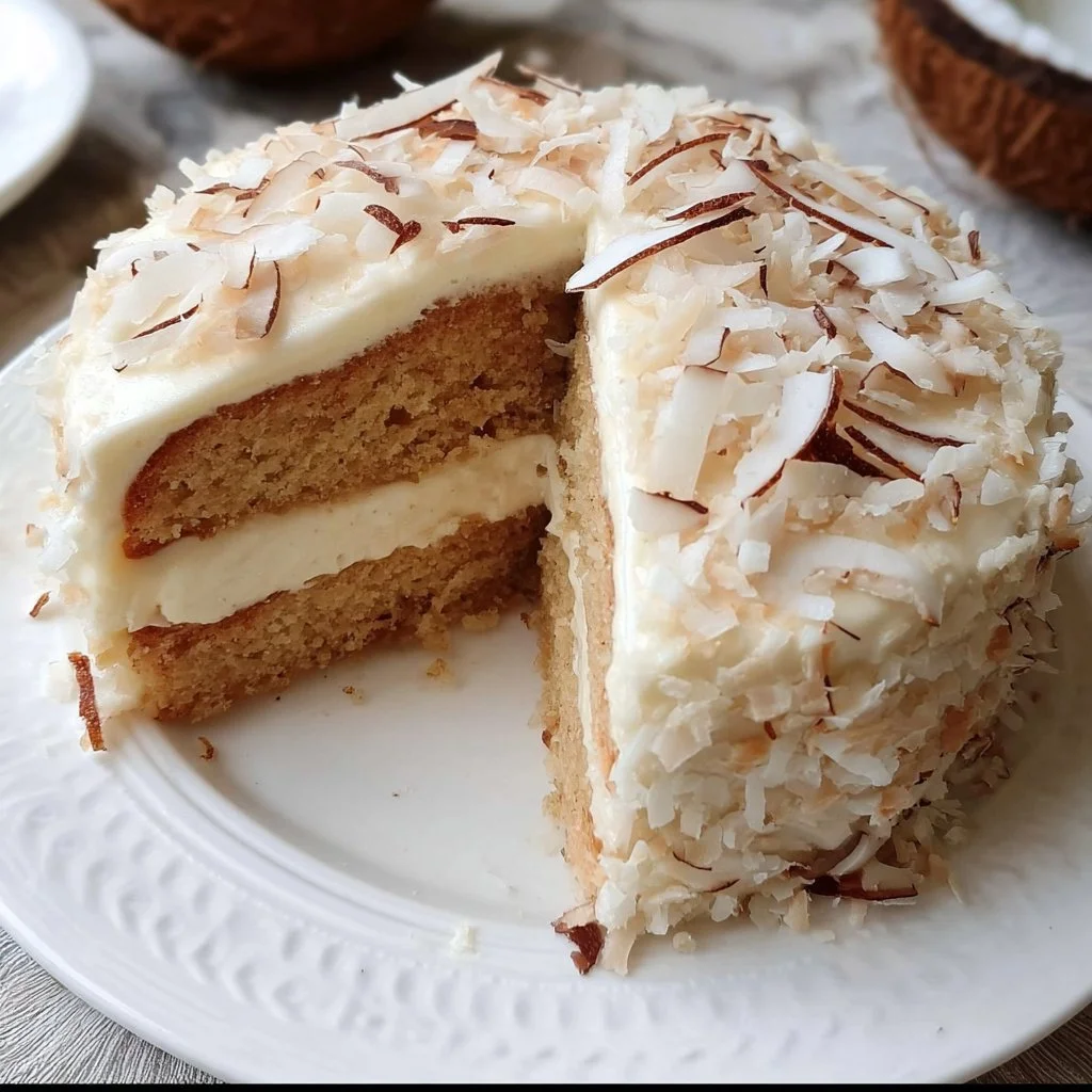 Deliciously moist coconut cake slice decorated with fresh coconut flakes