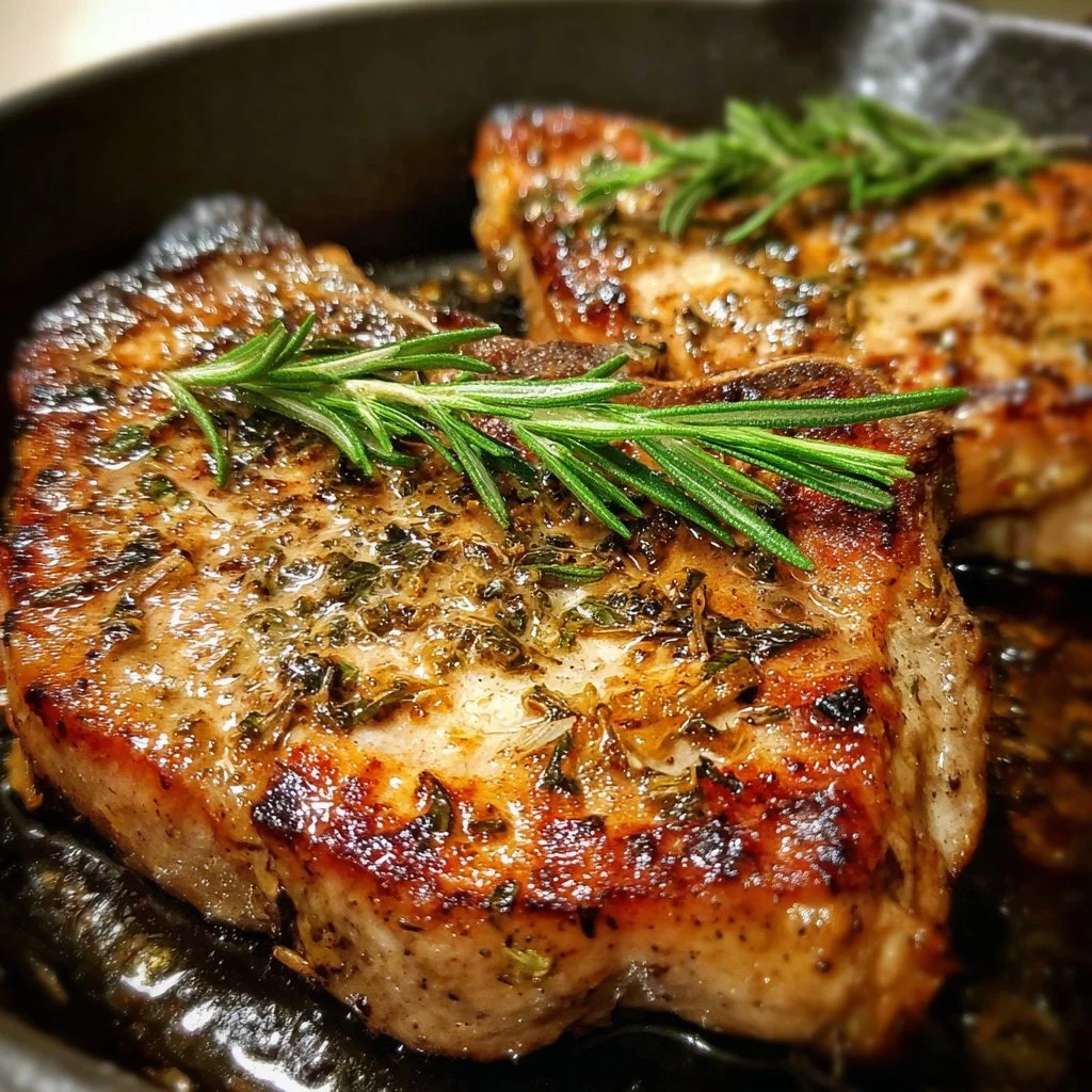Keto Garlic Rosemary Pork Chops served with herbs on a plate