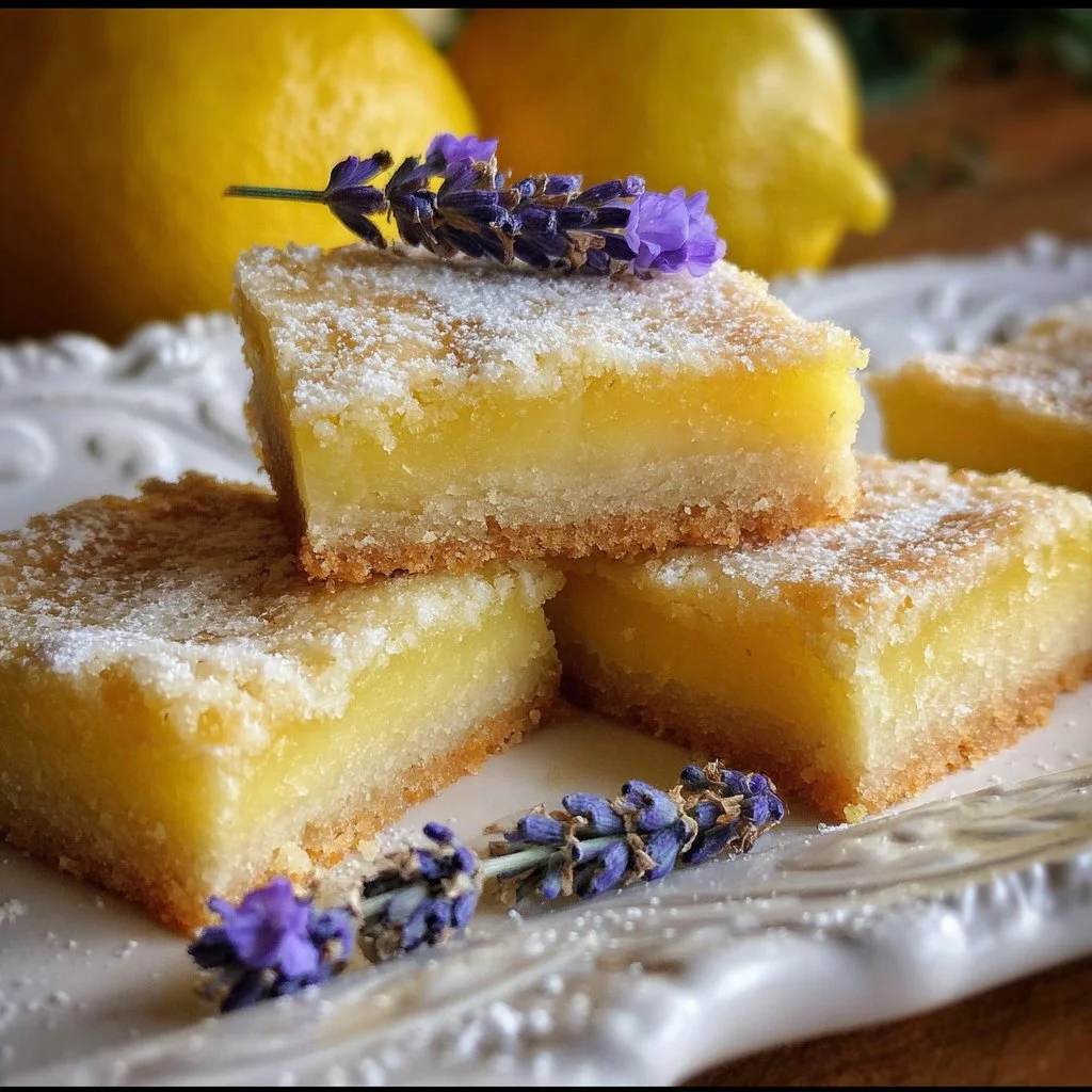 Lavender shortbread lemon bars with a light glaze on a white plate.