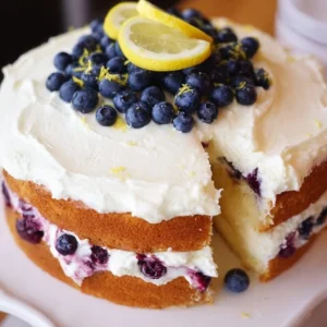 Lemon blueberry cake with whipped lemon cream frosting served on a plate