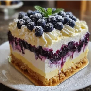 Lemon Blueberry Shortbread Mousse Cake topped with fresh blueberries